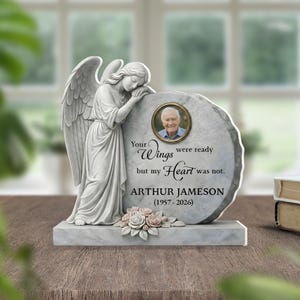 Gepersonaliseerde acrylgedenkplaat, grafsteenblok met foto-inzetstuk, tafeldecoratie engelstandbeeld