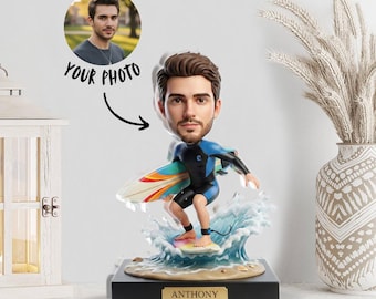 Personalized Acrylic Block: Surfer Caricature Plaque, Surfboard Wave Scene, Custom Name Plate
