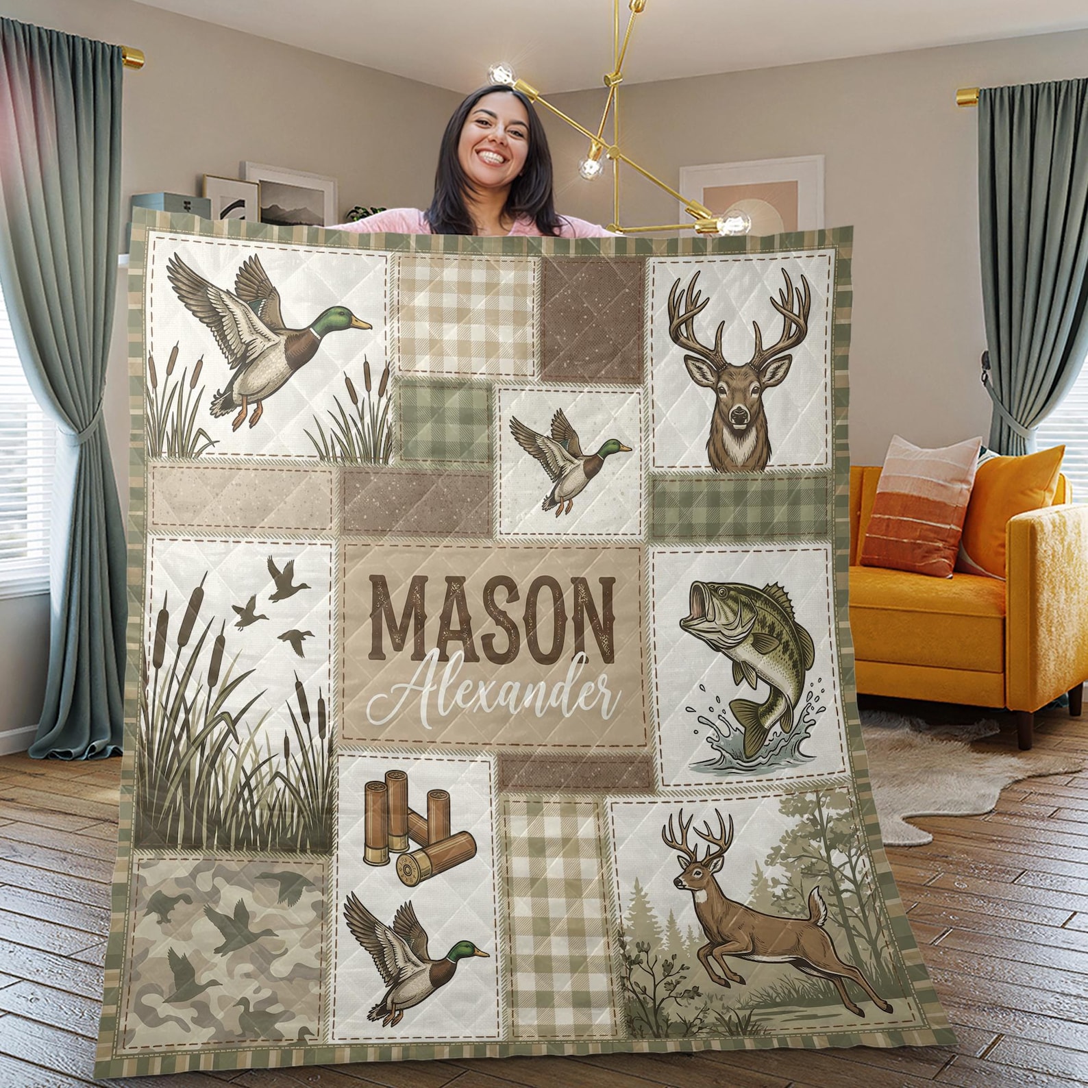 Personalized Hunting Fishing Quilt Blanket, Deer Duck Bass Patchwork ...