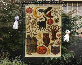 Spooky Vintage Halloween Garden Flag, Retro Black Cat & Skeleton Yard Decor, Witchy Pumpkin Haunted House Porch Sign, Fall Outdoor Banner