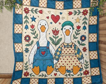 Goose Quilt Blanket, Folk Art Couple, Cottagecore 90s, Hearts Floral Border
