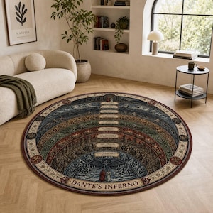 May include: A circular area rug featuring a detailed illustration of Dante's Inferno, divided into nine concentric rings representing different circles of hell. The design includes text labels for each circle, with the title Dante's Inferno at the bottom.