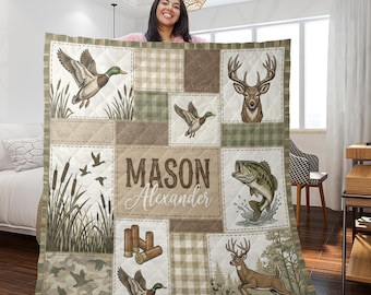 Personalized Hunting Fishing Quilt Blanket, Deer Duck Bass Patchwork Camo Throw