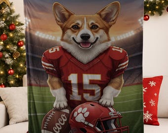 Custom Pet Sports Blanket | Personalized Dog Football Fleece Throw | Pet Portrait Stadium Decor