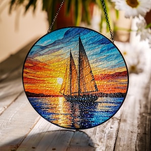 Sailboat Sunset Glass Suncatcher: Nautical Seascape Window Hanging