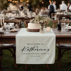 Camino de mesa de graduación personalizado, decoración de mesa de lino y algodón, letrero con nombre personalizado