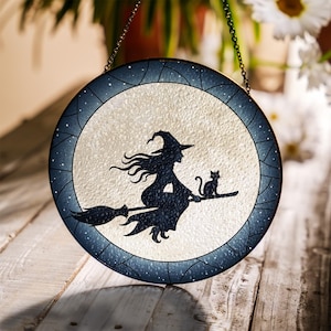 Witch and Cat Stained Glass Suncatcher, Halloween Window Hanging, Flying Witch on Broom Silhouette, Gothic Round Wall Art Decor