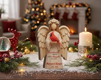 Bloque de madera personalizado con ángel cardenal impreso, nombre personalizado, fecha, recuerdo, decoración