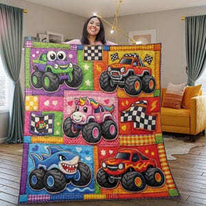 Monster Vehicle Quilt Throw, Patchwork Racing Car Pattern Bedding, Cartoon Vehicle Theme Bed Cover