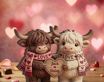 Personalized Wooden Block, Highland Cow Couple Figurine, Tabletop Shelf Decor, Farmhouse Home Accent