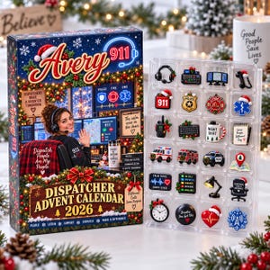 May include: A 2026 Dispatcher Advent Calendar box featuring a holiday-themed emergency dispatch scene and a clear plastic tray containing 24 miniature pins, including icons of headsets, emergency vehicles, badges, and holiday-themed dispatch equipment.