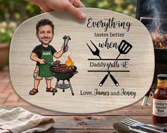 Bandeja para parrilla personalizada, decoración de madera, letrero personalizado para papá para barbacoa, expositor ovalado para cocina.
