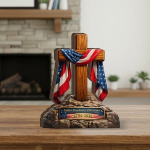 Patriotic Wooden Cross, American Flag Draped, Faith Freedom Display, 250 Year Anniversary, 1766-2026