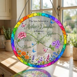 Personalisierte Mutter Tochter Suncatcher, Geburtsblume Infinity Loop Fenster hängen benutzerdefinierte Namen