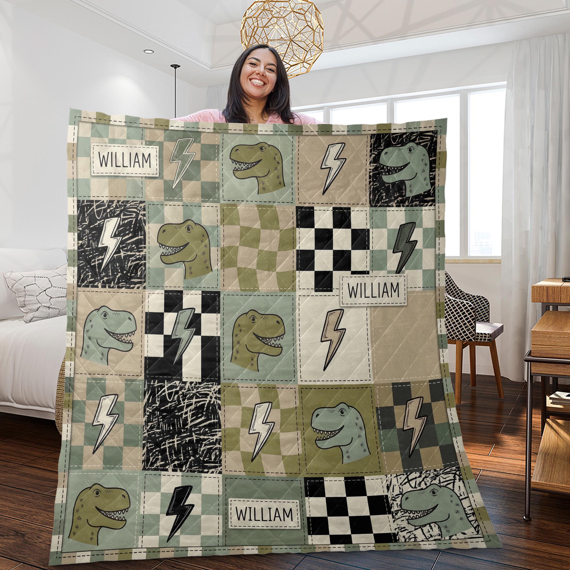 Personalized Quilt Blanket: Dinosaur Throw, Name Custom Checkered