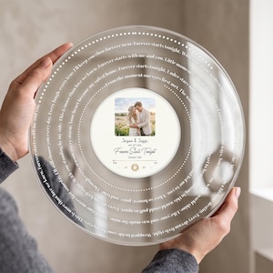Puede incluir: Una pieza decorativa circular transparente con una foto de una pareja en el centro. Tiene un título de canción y el nombre del artista, con un borde punteado y texto grabado. La pieza es sostenida por una persona.