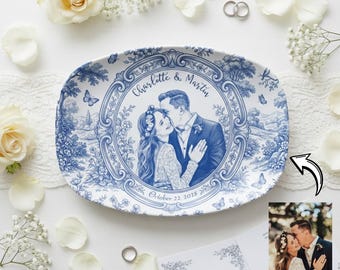 Custom Photo Platter Decor, Personalized Couple Portrait, Blue Toile Wedding Plate with Name Date