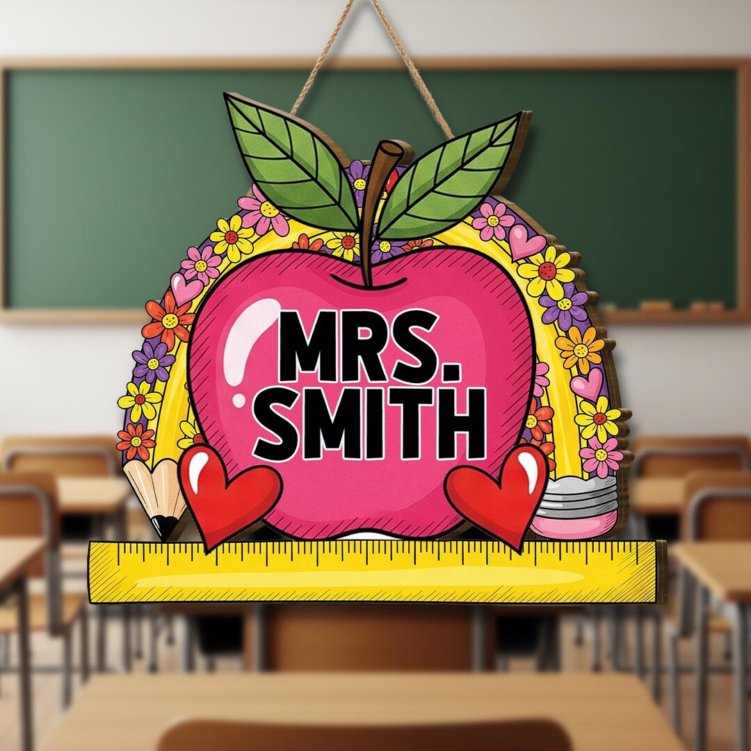 Personalized Teacher Door Sign: Rainbow Apple Classroom Decor - Etsy