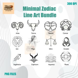 Minimalistyczny pakiet zodiaku | 12 eleganckich obrazów astrologicznych PNG | Cyfrowe pobieranie znaków horoskopu | Nowoczesny czarno-biały tatuaż Clipart
