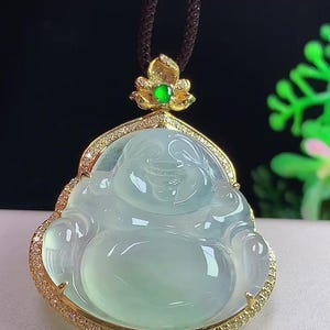 Ice Jadeite Gemstone Buddha Pendant, 18k Gold Inlaid Jade Stone Buddhist Religious Statement Pendant, Good Luck Prosperity Wealth Pendant