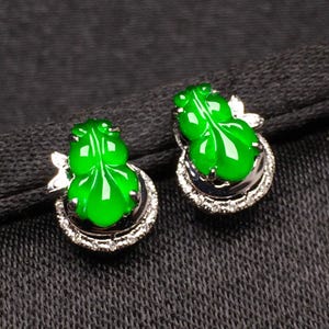 Green Jadeite Gemstone Bug Earrings, 18k Gold Jade Stone Earrings, Stylish Burmese Jade Earrings for Women, Good Luck Jewelry