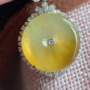 Ice Yellow Natural Jadeite Pendant, Round Donut Peace Buckle Jade Natural Diamond Accents | 18K Gold Lucky Amulet Jewelry