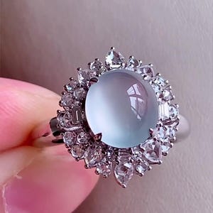 High Ice Jadeite Ring – Natural Cabochon Jade in 18K Gold with Diamond Halo | Elegant Luxury Gemstone Engagement Ring for Women