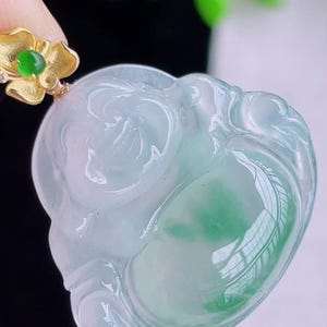 Ice Jade Flower Buddha Pendant, 18k Gold Inlaid Jadeite Gemstone Buddhist Pendant Necklace, Good Luck Prosperity Wealth Pendant