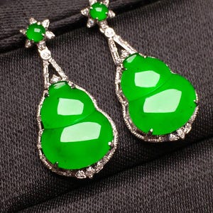 Green Jadeite Gourd Dangle Earrings, Dainty 18k Gold Jade Gemstone Statement Earrings, Modern Burmese Earrings, Wife Birthday Gift