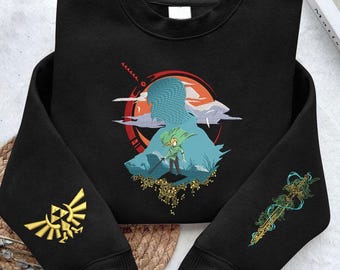 May include: Black sweatshirt featuring a colorful graphic of a character with a sword, set against a sunset backdrop. The sleeves display gold embroidered symbols. A stylish and comfortable garment for fans of fantasy themes.
