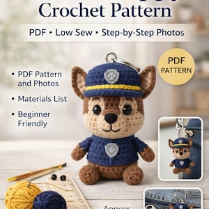 Rescue Puppy Crochet Pattern PDF, Low-Sew Amigurumi Dog Keychain, Police Hero Pup