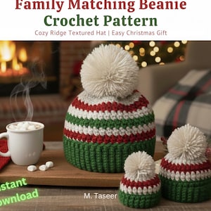 Christmas Family Matching Beanie Crochet cap Pattern, Kids Hat (PDF Download)