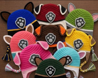 9-in-1 Rescue Police Dog Crochet Hat Pattern bundle: Kids Earflap Cap 1-3yrs, 4-6yrs, 7-12yrs