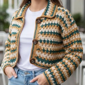 Patrón de cárdigan de ganchillo: Top estilo bohemio grueso con punto de abuela y teñido anudado (patrón en PDF)