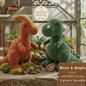 May include: Two crocheted dinosaur figures, one orange and one green, are displayed. The orange dinosaur has a yellow crest. The green dinosaur has a white horn. The text "Moss & Maple" and "2-in-1 LOW-SEW Crochet Pattern Bundle" are visible.