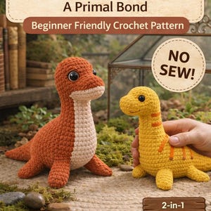 May include: Two crocheted dinosaur figures, one orange and one yellow, are displayed. The orange dinosaur has a cream-colored belly. The yellow dinosaur has orange stripes. Text on the image reads "The Ness & Isla Duo" and "Beginner Friendly Crochet Pattern."