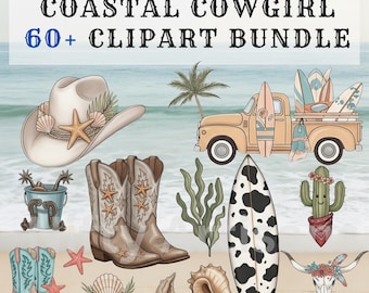 Clipartbundel Coastal Cowgirl: aquarel Western Beach-png's (digitale download)