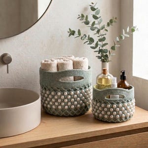 Crochet Basket Pattern, 2 Sizes, Pearl Beaded Nesting Storage Baskets, Easy Boho Home Decor PDF
