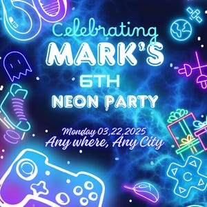 Convite de aniversário neon editável, modelo personalizável do Canva, festa de aniversário de menino brilhante, cartão digital para impressão, convite de aniversário neon