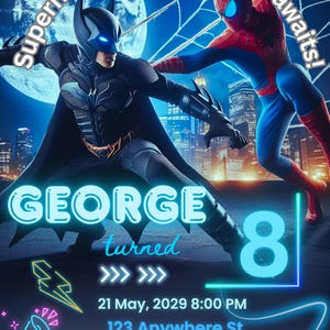 Convite de aniversário de super-herói editável, modelo personalizável do Canva, convite de aniversário do menino Batman do Homem-Aranha, cartão digital para festa de impressão