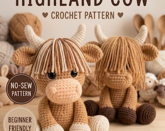 Highland Cow Crochet Pattern PDF: Amigurumi Plush cow Nusery decor toy