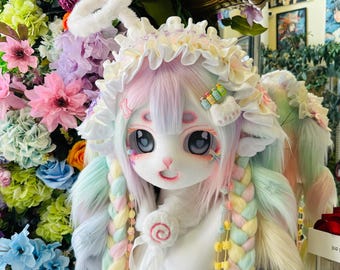 Custom Kemono Fursuit Head, Pastel Angel Fox Mask, Resin Cosplay Helmet