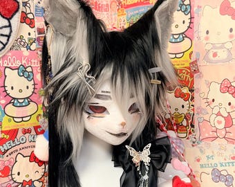 Black White Kemono Fursuit Head Visual Kei Fox Wolf KIG Anime Cosplay Mask Kawaii Furry Costume Head Gothic Harajuku Style