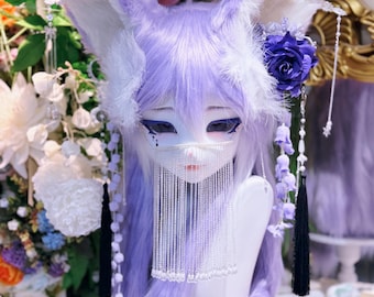 Lavender Fox Spirit Fursuit Head, Oriental Fantasy Kemono Mask, Purple Anime Furry Head, Kitsune Cosplay Head, Handmade Resin Fursuit