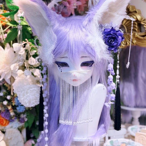 Cabeça de Fursuit Raposa Lavanda, Máscara Kemono Fantasia Oriental, Cabeça Peluda Anime Roxa, Cabeça Cosplay Kitsune, Fursuit de Resina Feita à Mão