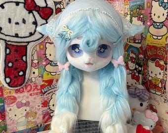 Yume-Kawaii Kemono Fursuit Head – Pastel Blue Sheep Bunny Cosplay Mask, Handmade Furry Helmet,Fursona Fox Head for Cosplay Lovers