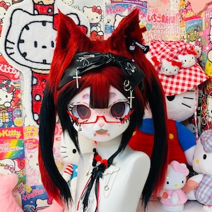 Gothic Kemono Fursuit Head: Black & Red Anime Fox Cat Mask