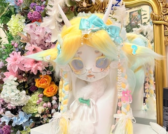 Yume Kawaii Kemono Fursuit Head Pastel Unicorn Goat KIG Anime Cosplay Mask Kawaii Furry Costume Head Pastel Fursuit Costume Gift for Furry