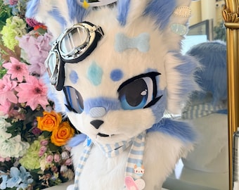 Toony Kemono Fursuit Head Blue White Angel Dog Fox Anime Cosplay Mask Kawaii Furry Costume Head Costume Gift for Furry