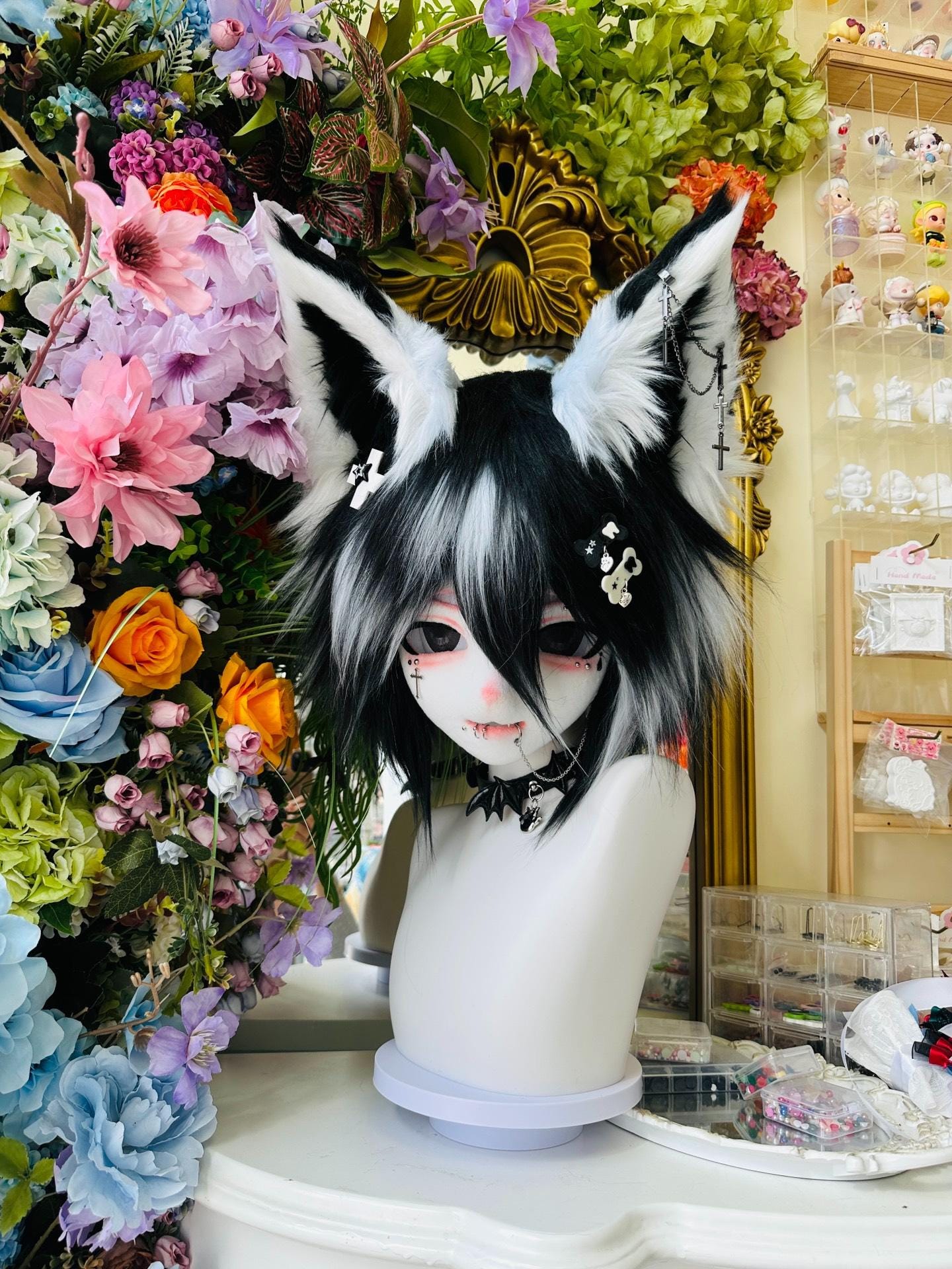 Visual Kei Fursuit Head: Resin Shirokuro Fox Mask, Cosplay Helmet
